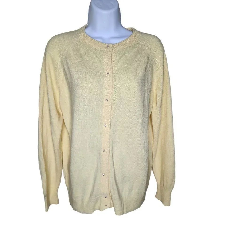 Vintage 80s Cardigan Sweater Womens Size M Yellow Pastel Pinup Preppie Academia